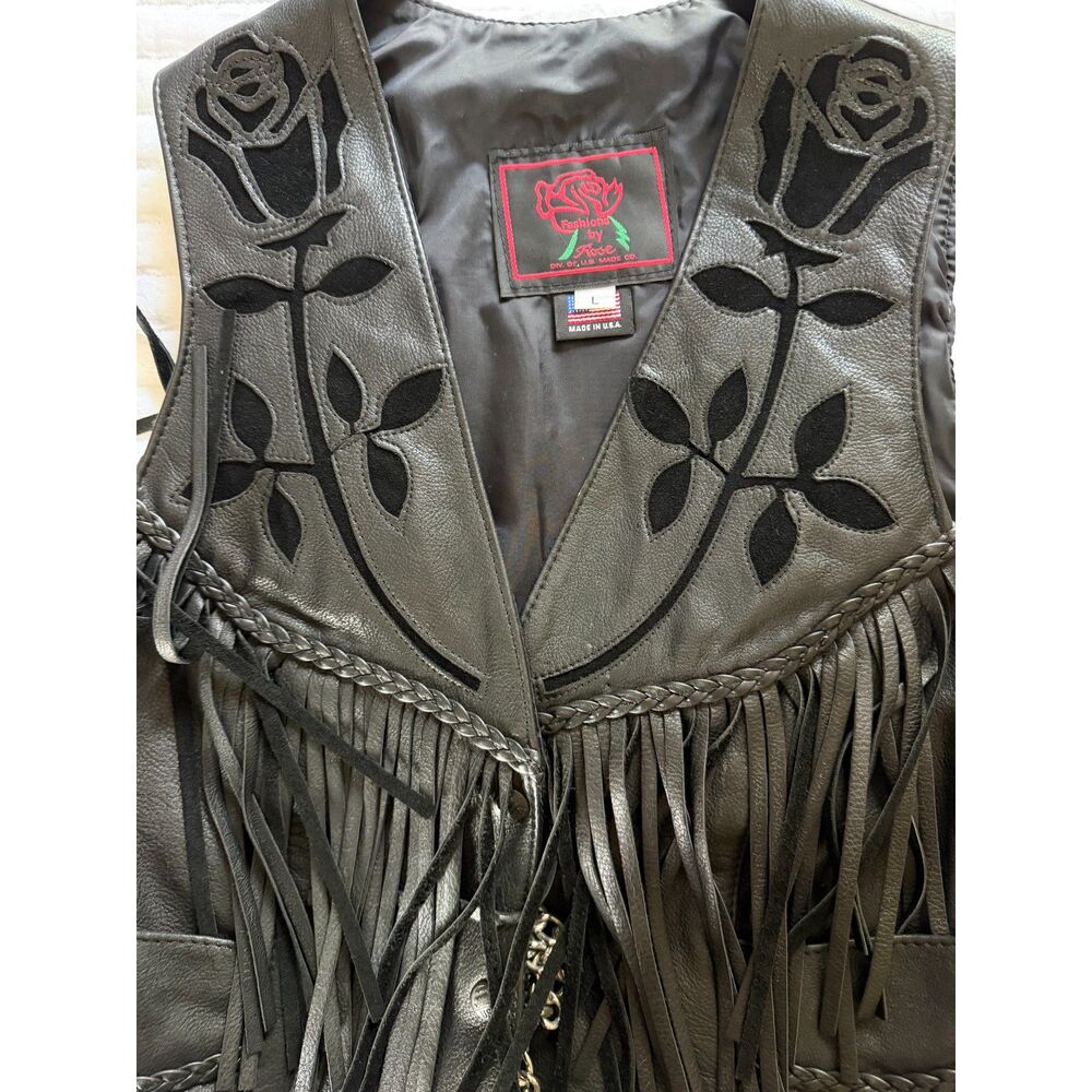Vintage 90's Fashions by Rose Black Leather Fringe Vest - Size L -